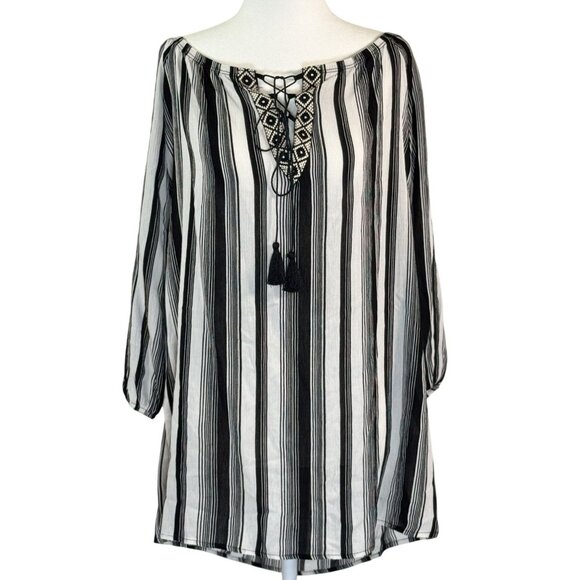 PPLA Blouse Womens Large Black Striped Summer Tunic Boho Peasant White Black - Picture 2 of 9